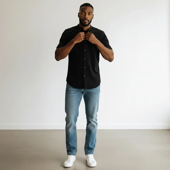 ZARA MAN Slim Fit Madarin Collar Short Sleeve Button Up Size Medium - Picture 8 of 10